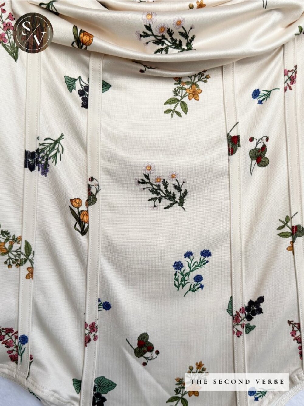 NWT Cider Long Sleeve Ruched Cottagecore Ditsy Floral Ivory Corset Bodysuit - Picture 7 of 11